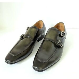 Carrucci Leather Mens Size 9 Olive Green Double Monk Strap Slip-On Loafers Shoes